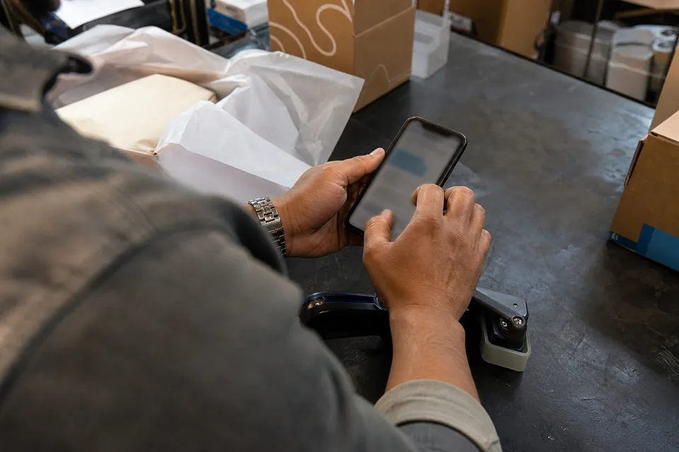 Associate typing a message to a client on her own phone in the stockroom, between boxes and tissue paper