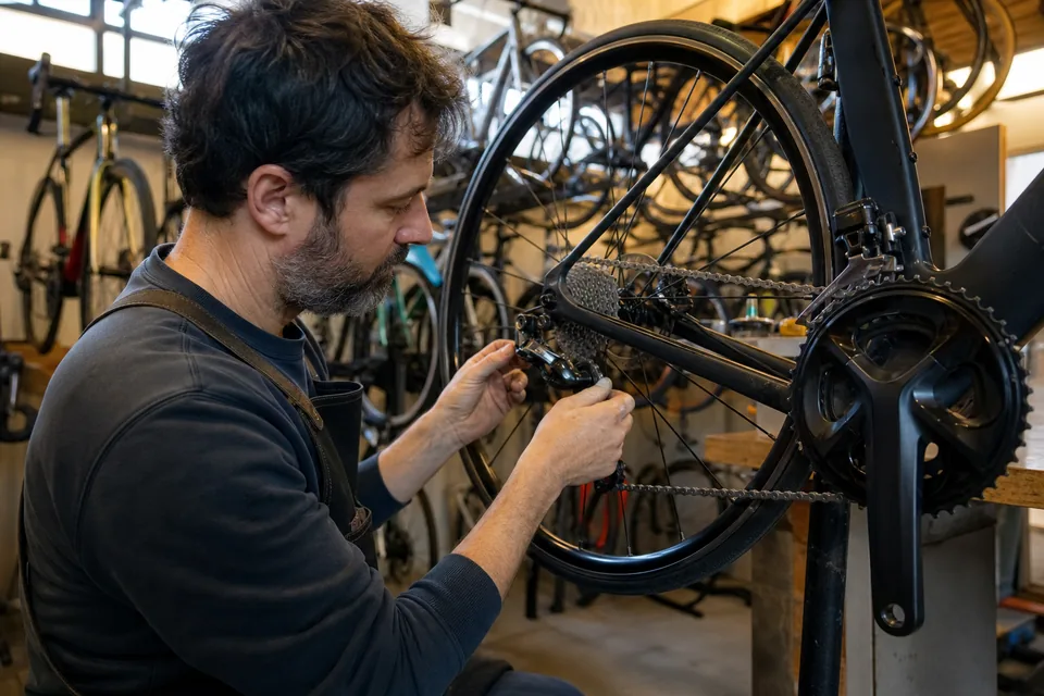 Bike shop owner adjusting a high end road bike on a stand on the sales floor of an independent bicycle store