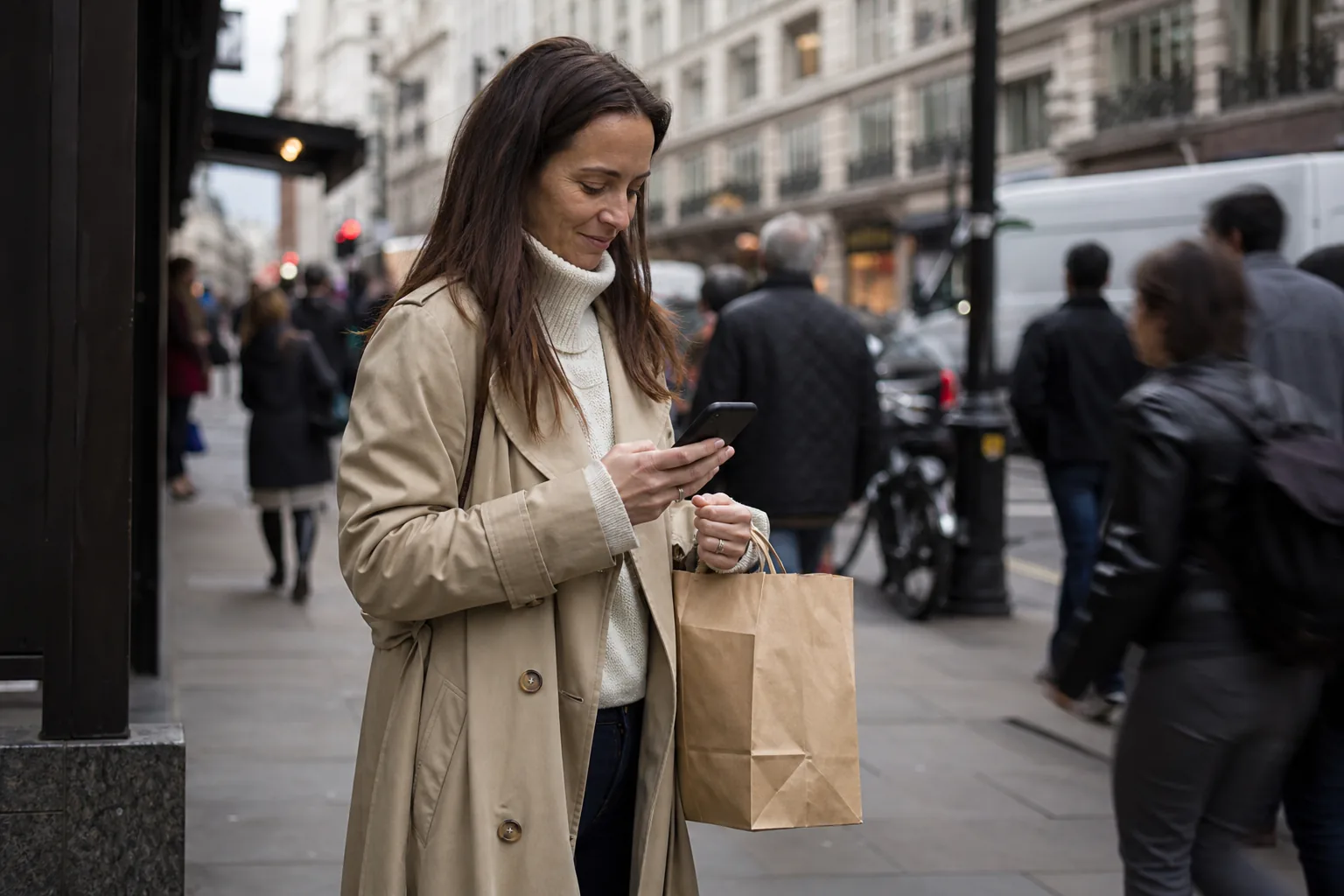 Fashion boutique associate writing a message to a client on her phone