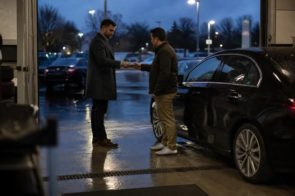 Sales advisor handing keys to a returning owner in a luxury car dealership showroom
