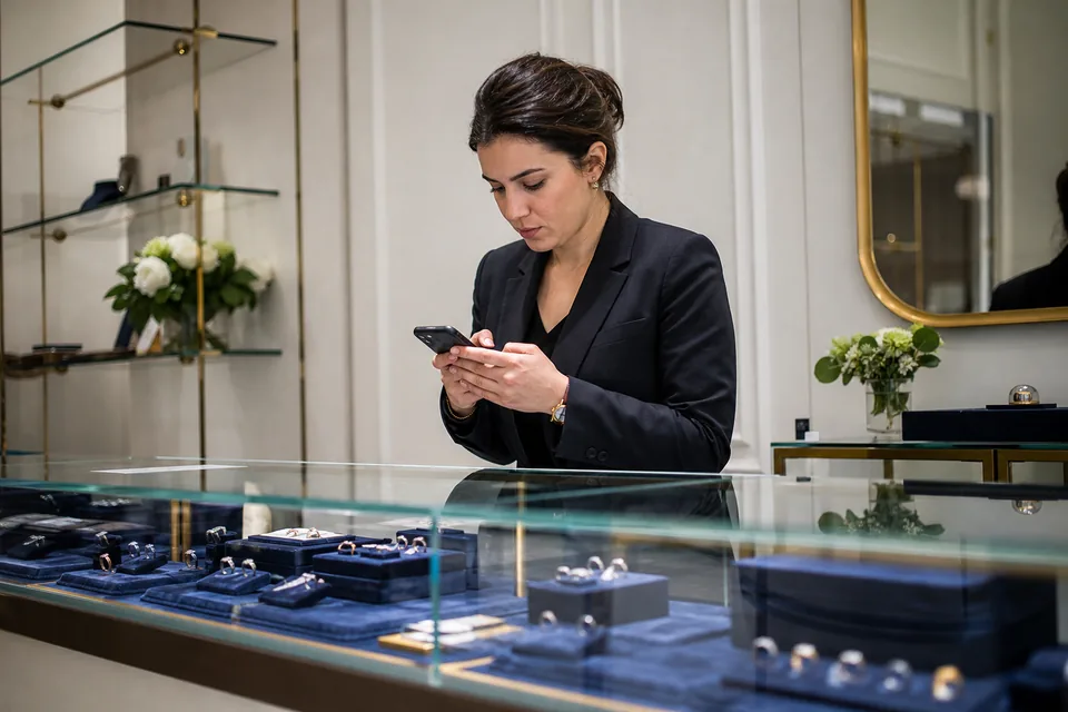 Jewelry boutique associate reading her morning client list on a phone behind a vitrine of rings before opening