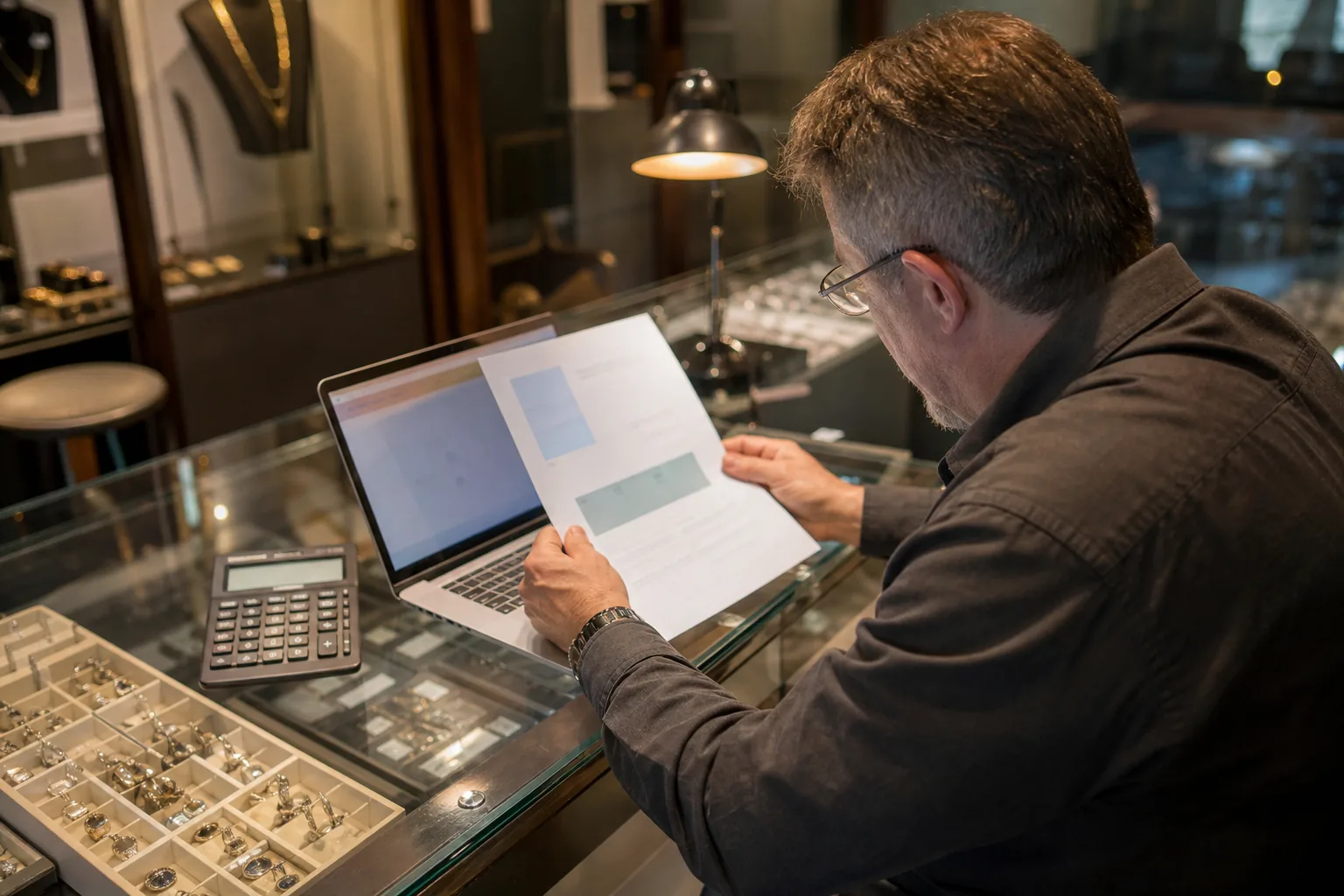 Jewelry store owner comparing a software quote on a laptop behind the display counter after closing