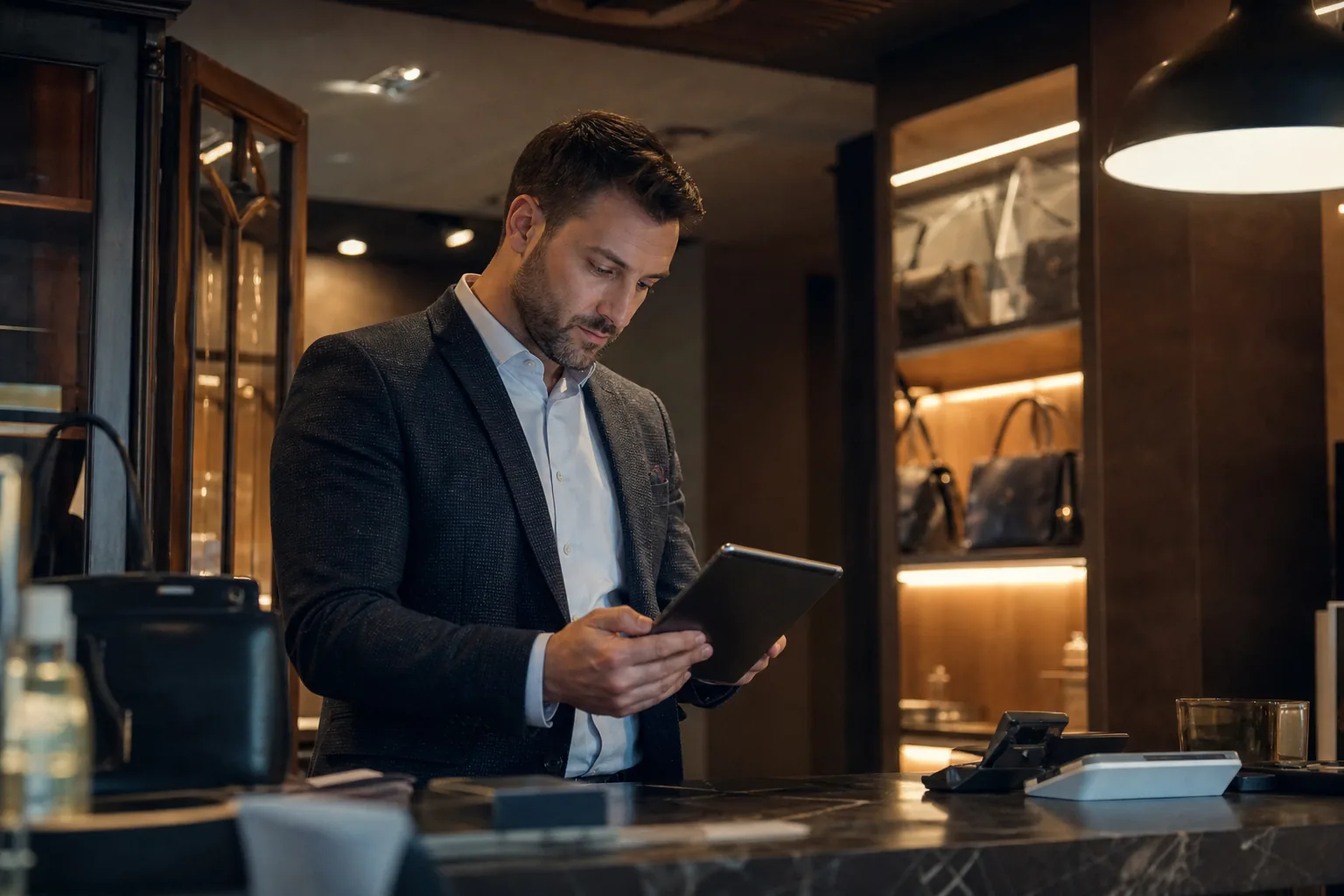 Store manager reviewing associate results on a tablet at the boutique counter