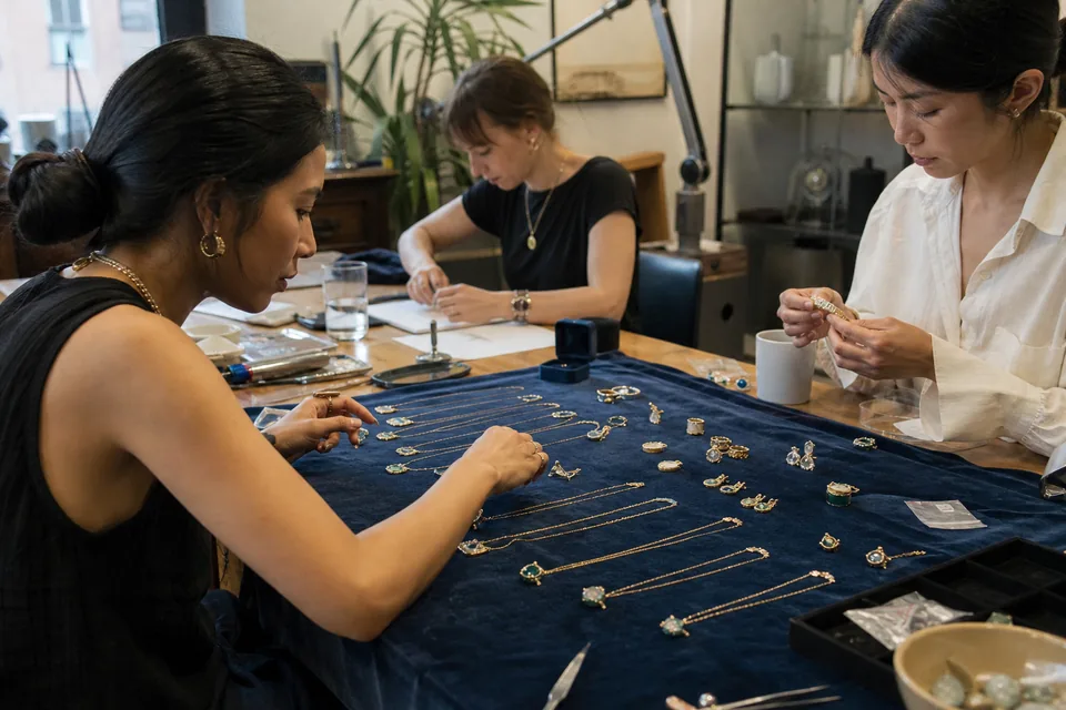 New jewelry collection laid out on a velvet tray in a boutique back office