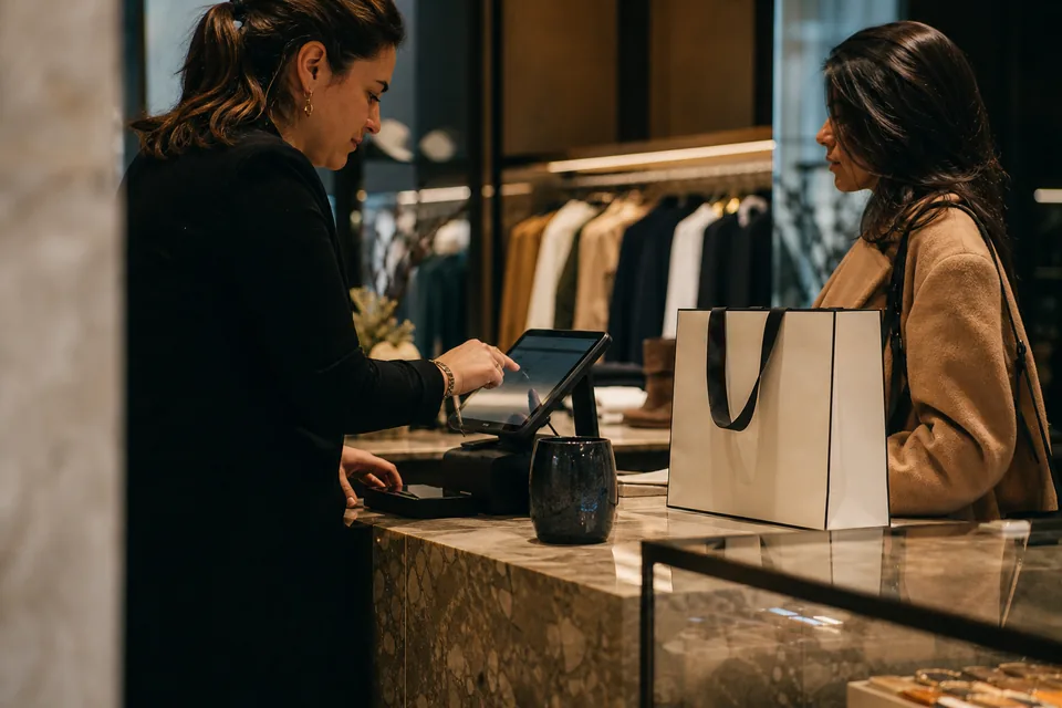 Associate completing a sale at a boutique point of sale terminal while the client waits at the counter