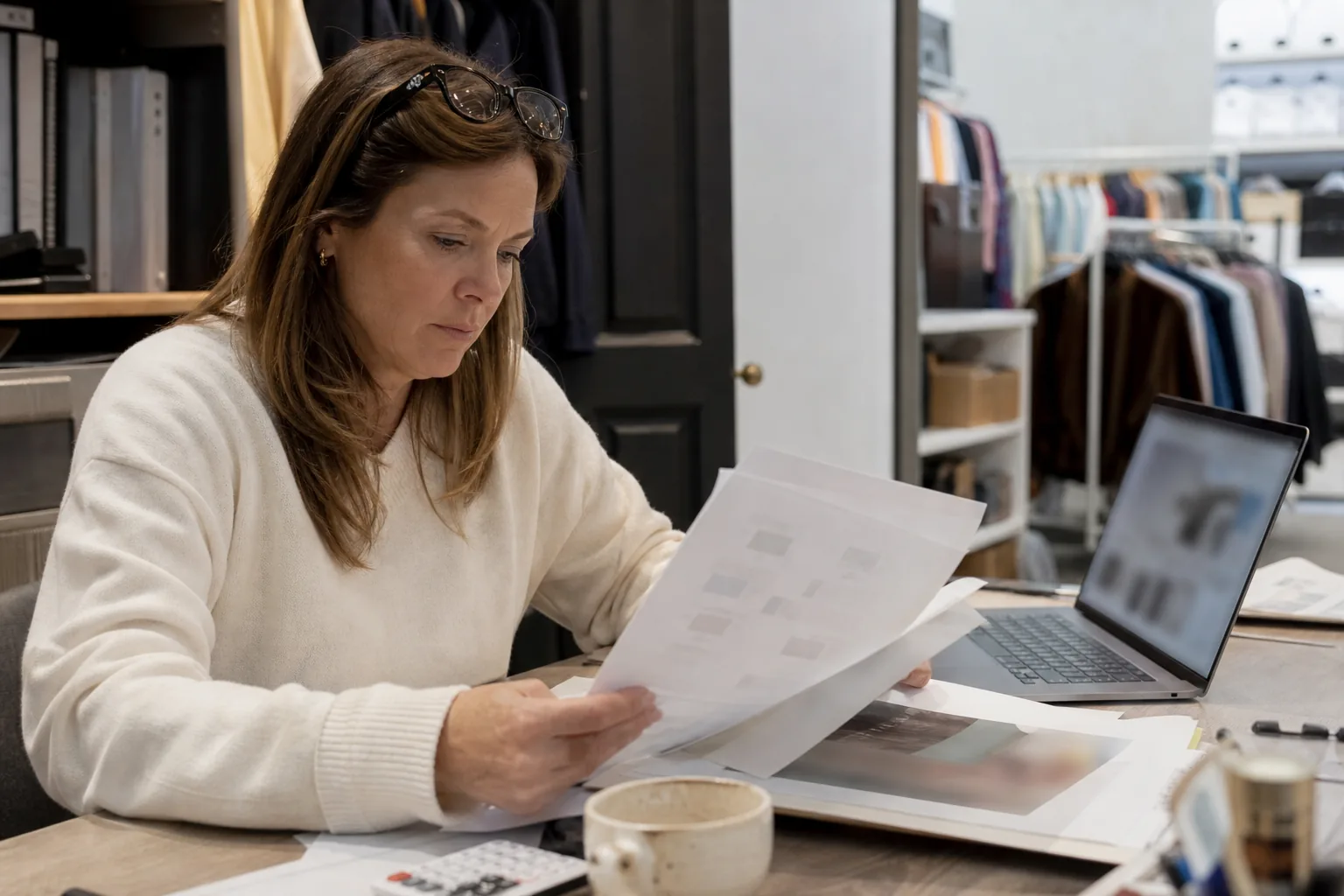 Retail operations manager comparing clienteling software quotes on a laptop in a store back office