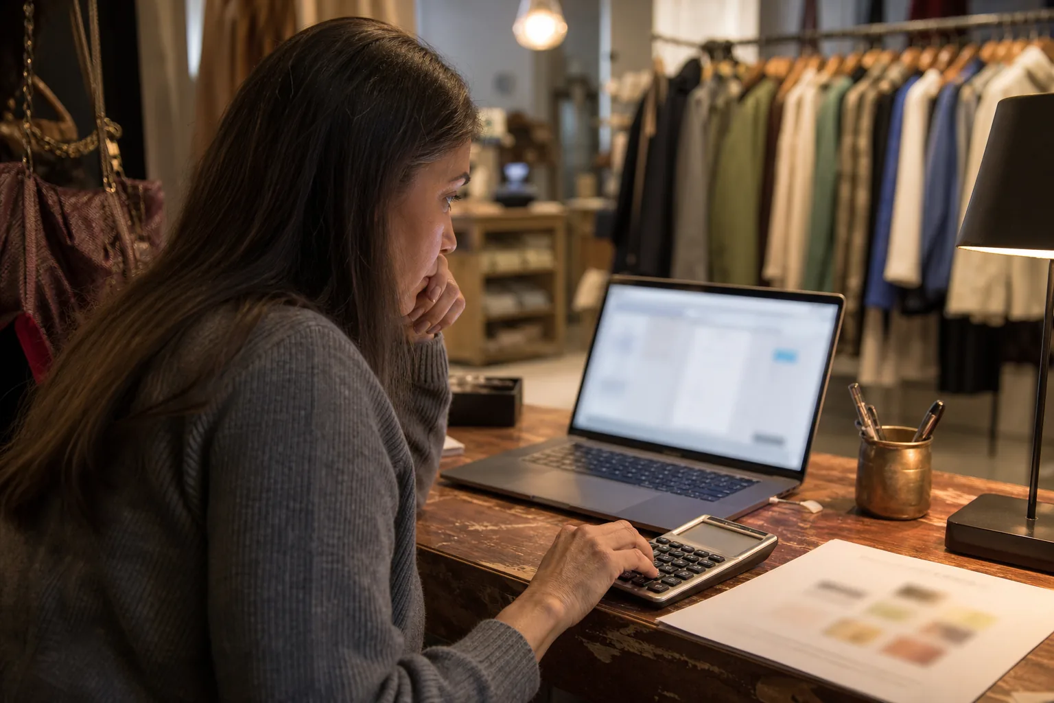 Boutique owner reviewing clienteling software costs on a laptop at the store counter with a calculator