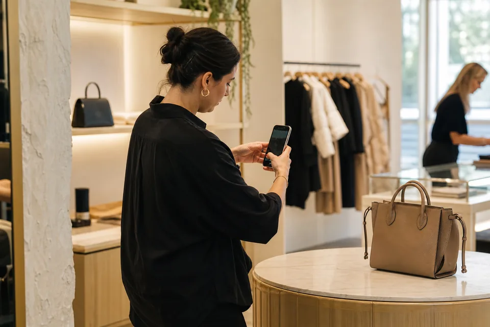 Boutique associate sending a WhatsApp clienteling message with a product photo to a client from the store floor