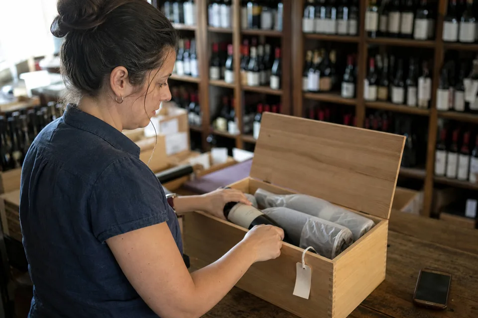 Wine merchant packing reserved bottles into a wooden case for a regular client at the shop counter