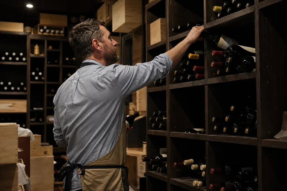 Wine shop owner checking bottles on the shelves of a fine wine store's cellar room