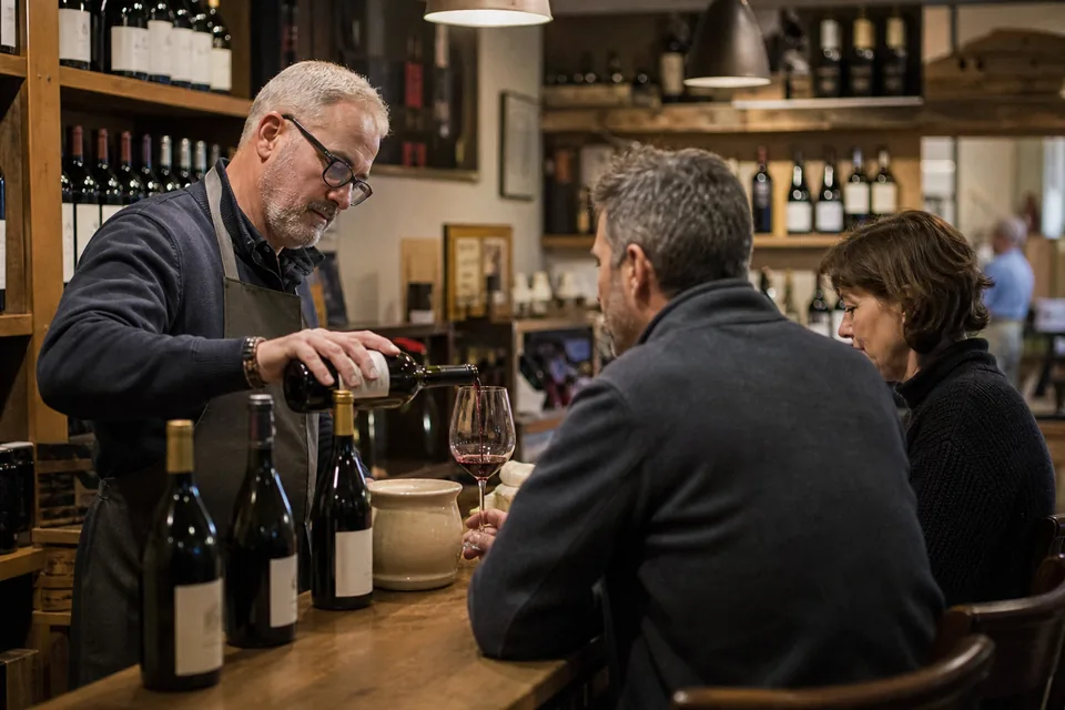 Wine shop owner pouring a tasting for two regular customers at a small in-store tasting bar